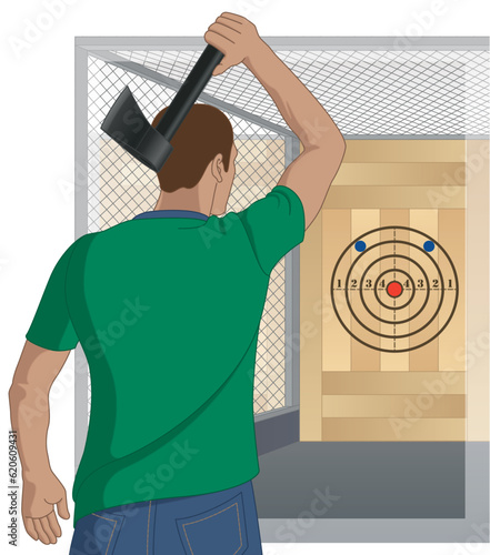 axe throwing sport, male aiming axe at target with cage in background