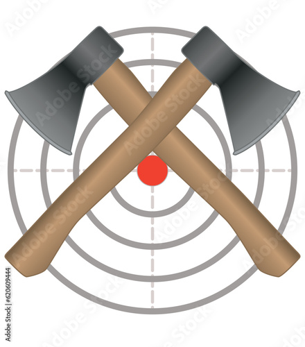 axe throwing, wooden handle axes crossed with target isolated on a white background