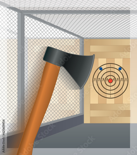 axe throwing, wooden handle axe showing motion heading towards target with cage in background