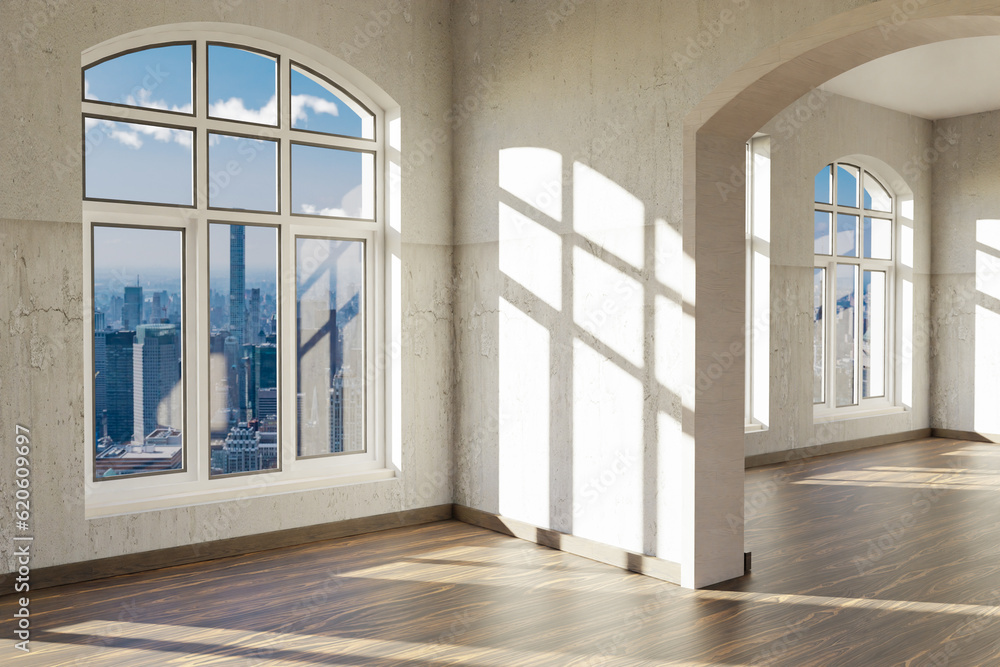 Fototapeta premium luxurious loft apartment with arched window and minimalistic interior living room design; 3D Illustration