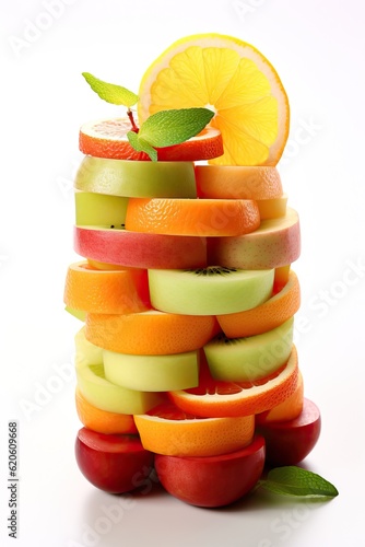 Pile of several slices of fresh healthy organic raw fruits on white background Generative AI Illustration