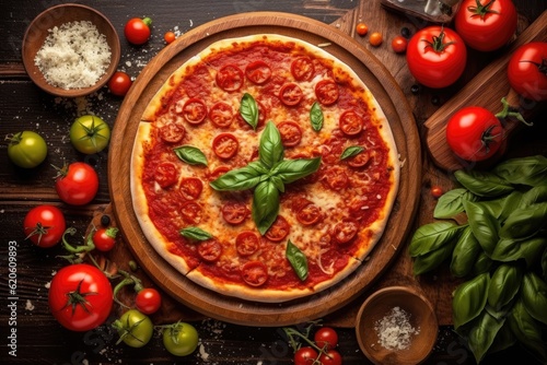 Pepperoni pizza sliced on wooden dish.