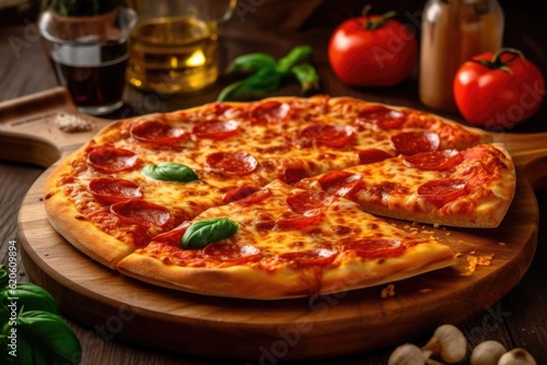 Pepperoni pizza sliced on wooden dish.