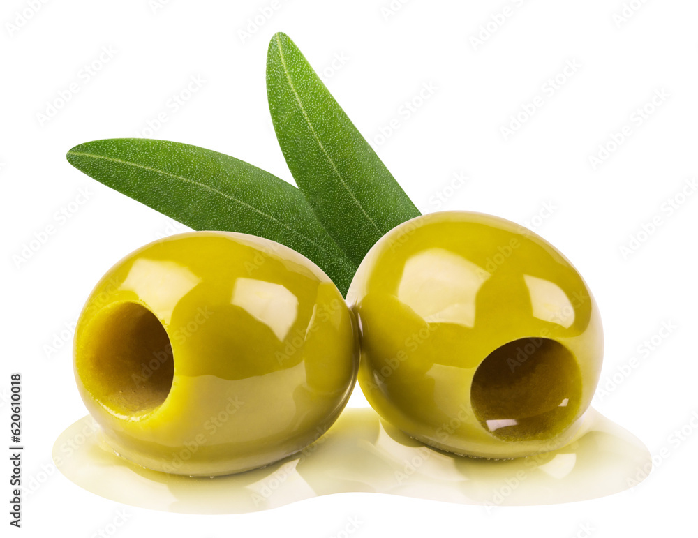 Olives isolated. Two pitted olives in oil with leaves on a transparent