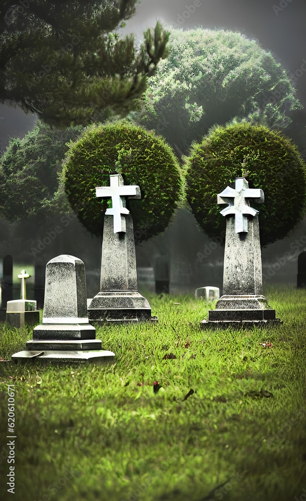 Grave crosses in a cemetery in a thunderstorm