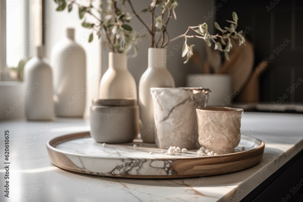 Closeup of unique kitchen design, featuring faux marble quartz and cream porcelain accessories. Generative AI