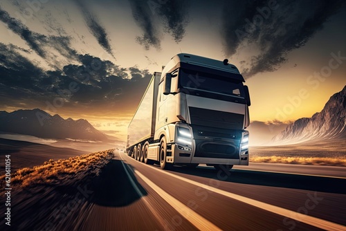 Logistic truck carrying goods on the road. Transportation, supply chain and shipping concept. Generative AI