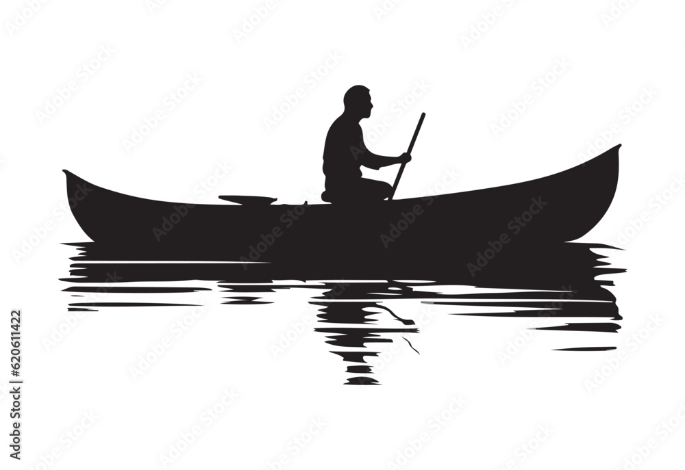 Person using canoe. Canoeing on the lake. Monochrome illustration Person using canoe. Canoeing on the lake. Monochrome illustration