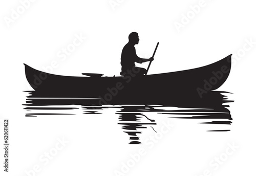 Person using canoe. Canoeing on the lake. Monochrome illustration