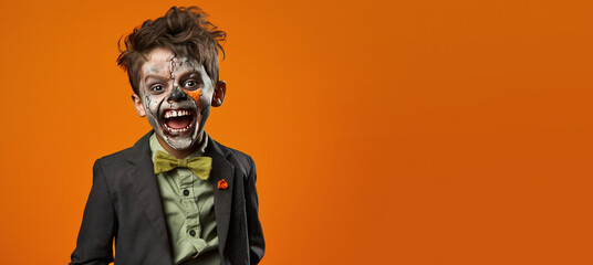 Cute Boy Dressed as a Zombie for Halloween on an Orange Banner with Space for Copy
