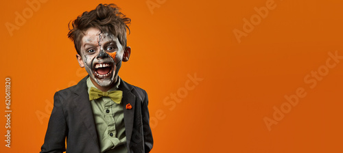 Cute Boy Dressed as a Zombie for Halloween on an Orange Banner with Space for Copy