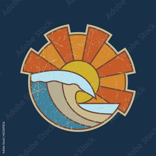 retro outdoor sun illustration with beach waves ocean vector design for stickers, t-shirts and more