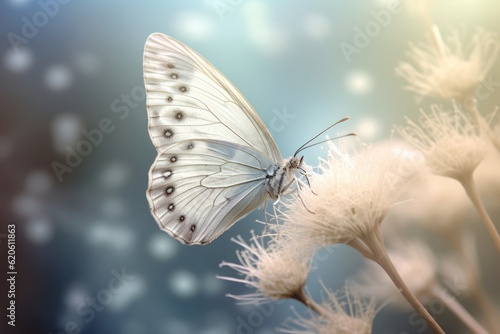 Illustration of a white butterfly resting on a delicate white flower, created by generative AI