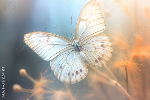 Illustration of a white butterfly perched on a vibrant green plant, created using generative AI
