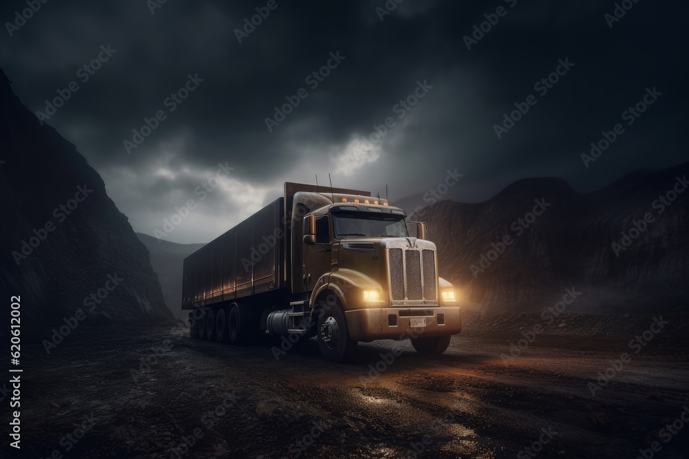 Illustration of a dark road with a semi truck driving through the night, created using generative AI