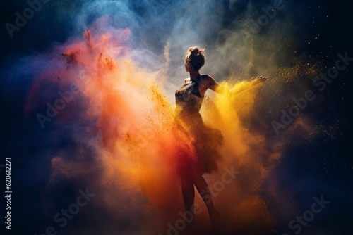 Illustration of a woman standing in the middle of vibrant colored powder created using generative AI