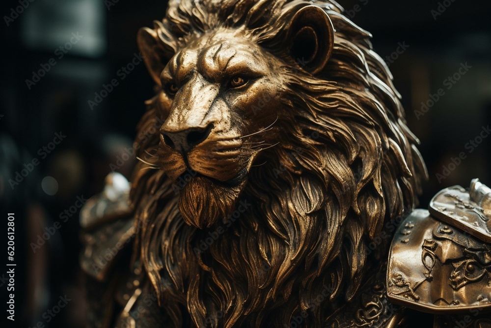 A majestic lion donning a regal golden armor. Generative AI
