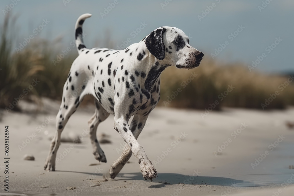 Sandy Paws and Beach Play: Dalmatian Dog's Coastal Adventure - Joyful Moments by the Shore