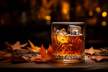fall autumn old fashioned cocktail with leaves on table with bar lights in the backgrounds