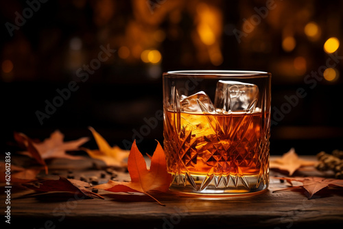 Canvas Print fall autumn old fashioned cocktail with leaves on table with bar lights in the b