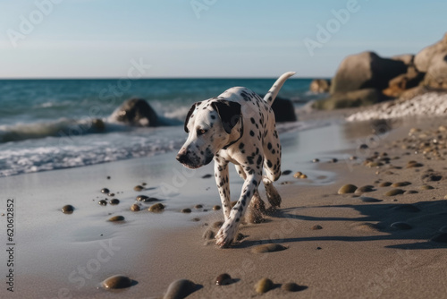Beach Escapades: Dalmatian Dog's Frolics by the Shore - Unleashing Playful Energy