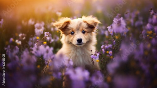 Cute border collie puppy sitting in lavender field at sunset.