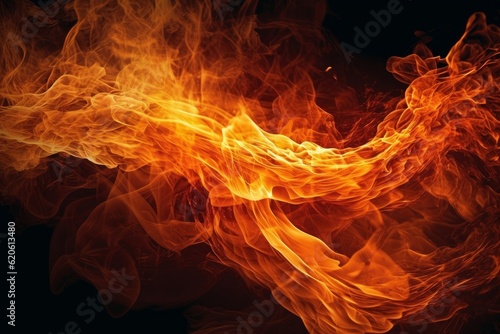 Illustration of a close-up of a fiery flame on a dark background created using generative AI