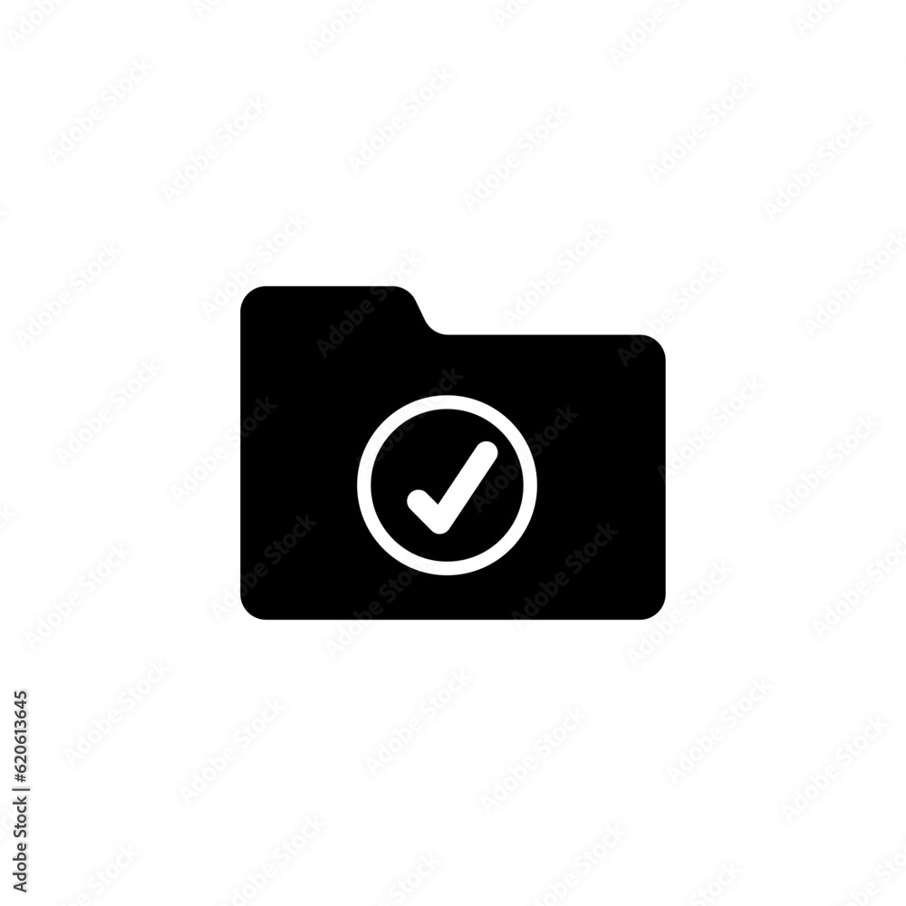 folder icon with a checkmark in black on a white background, completed work with documents