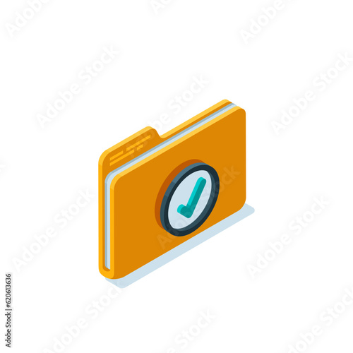 isometric folder icon with a checkmark in color on a white background, completed work with documents