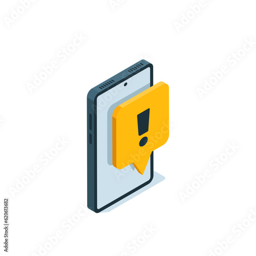 isometric mobile phone icon in black color on white background, yellow text bubble with exclamation sign, calls or emergency messages