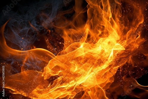 Illustration of a close-up view of a mesmerizing fire on a dark background created through generative AI