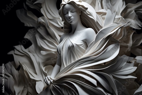Illustration of a beautiful statue of a woman holding a delicate flower in her hand, created using generative AI