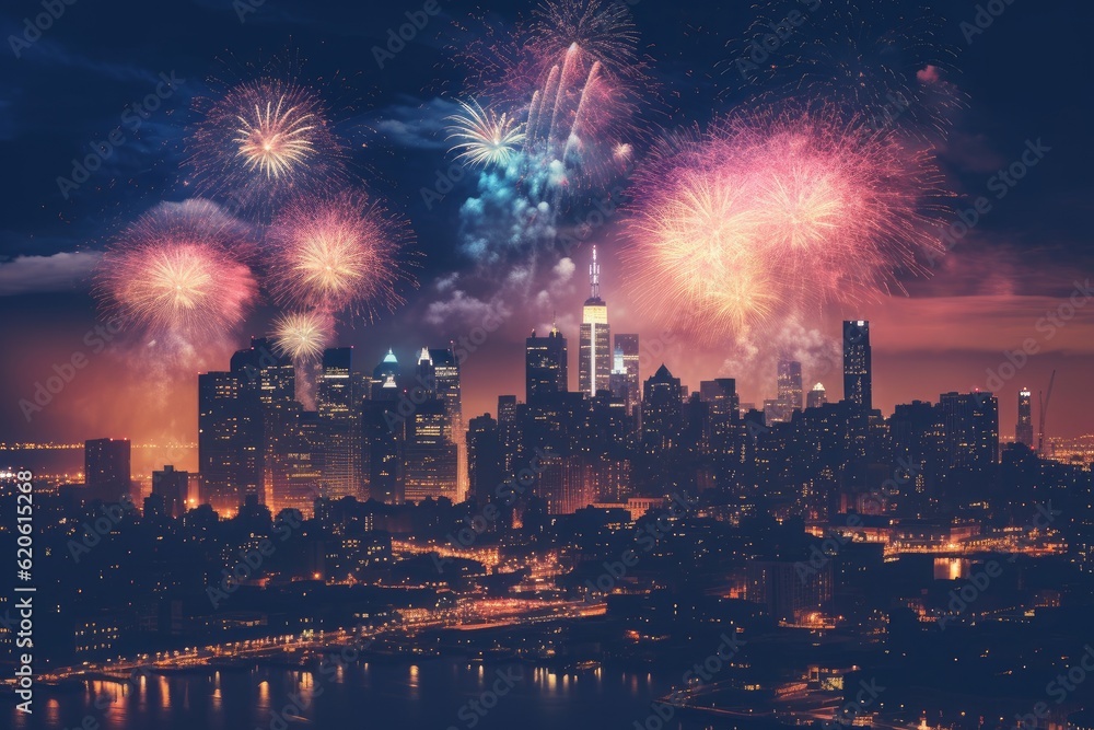 Illustration of a vibrant fireworks display lighting up the night sky over a bustling city, created using generative AI
