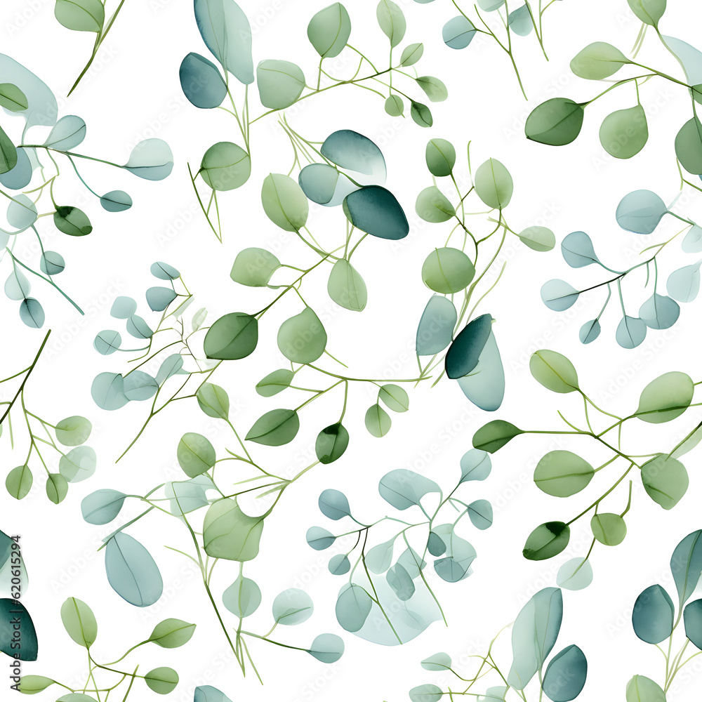 Obraz premium Seamless pattern with eucalyptus leaves on a white background, in the style of art of tonga, patchwork patterns, large scale canvases, green academia. Generative AI