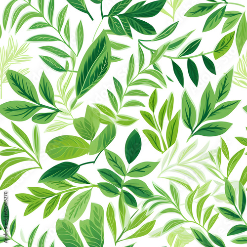 seamless pattern with leaves on a white background  in the style of art of tonga  patchwork patterns  large scale canvases  green academia  hand-drawn  graphical. Generative AI