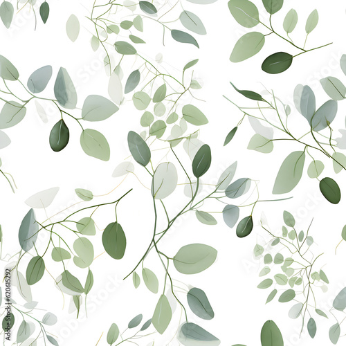 Seamless pattern with eucalyptus leaves on a white background, in the style of art of tonga, patchwork patterns, large scale canvases, green academia. Generative AI