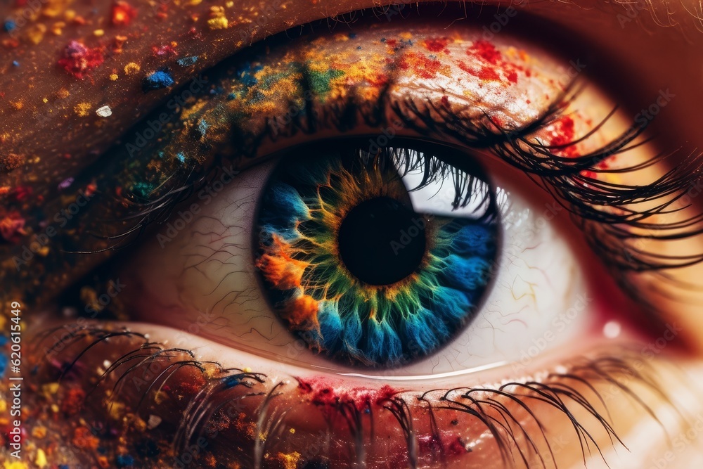 Illustration of a close-up of a person's eye covered in vibrant and colorful paint, created using generative AI