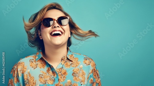 Plus size happy plump girl attractive overweight model on blue background, ai generated