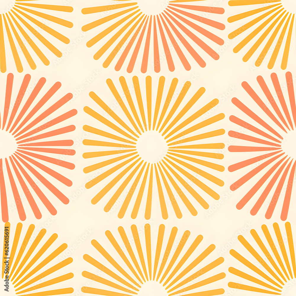 Fototapeta premium A minimalistic pattern featuring simple, geometric sunburst rays in warm and sunny colors, reminiscent of retro design elements associated with summer. Generative AI