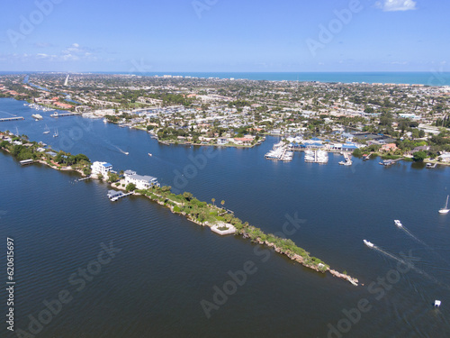 Aerial view of a Florida barrier island community along the intracoastal waterway.