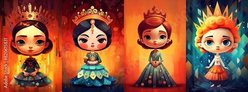 children book style illustration art cartoon character, cute tribal princess in flower garden collection set, Generative Ai