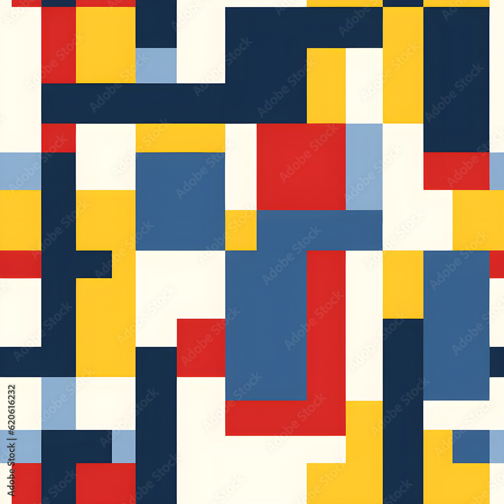 A pattern featuring geometric blocks of primary colors (red, yellow, and blue) arranged in a repetitive and symmetrical layout, reflecting the iconic color palette of Bauhaus design. Generative AI A pattern featuring geometric blocks of primary colors (red, yellow, and blue) arranged in a repetitive and symmetrical layout, reflecting the iconic color palette of Bauhaus design. Generative AI