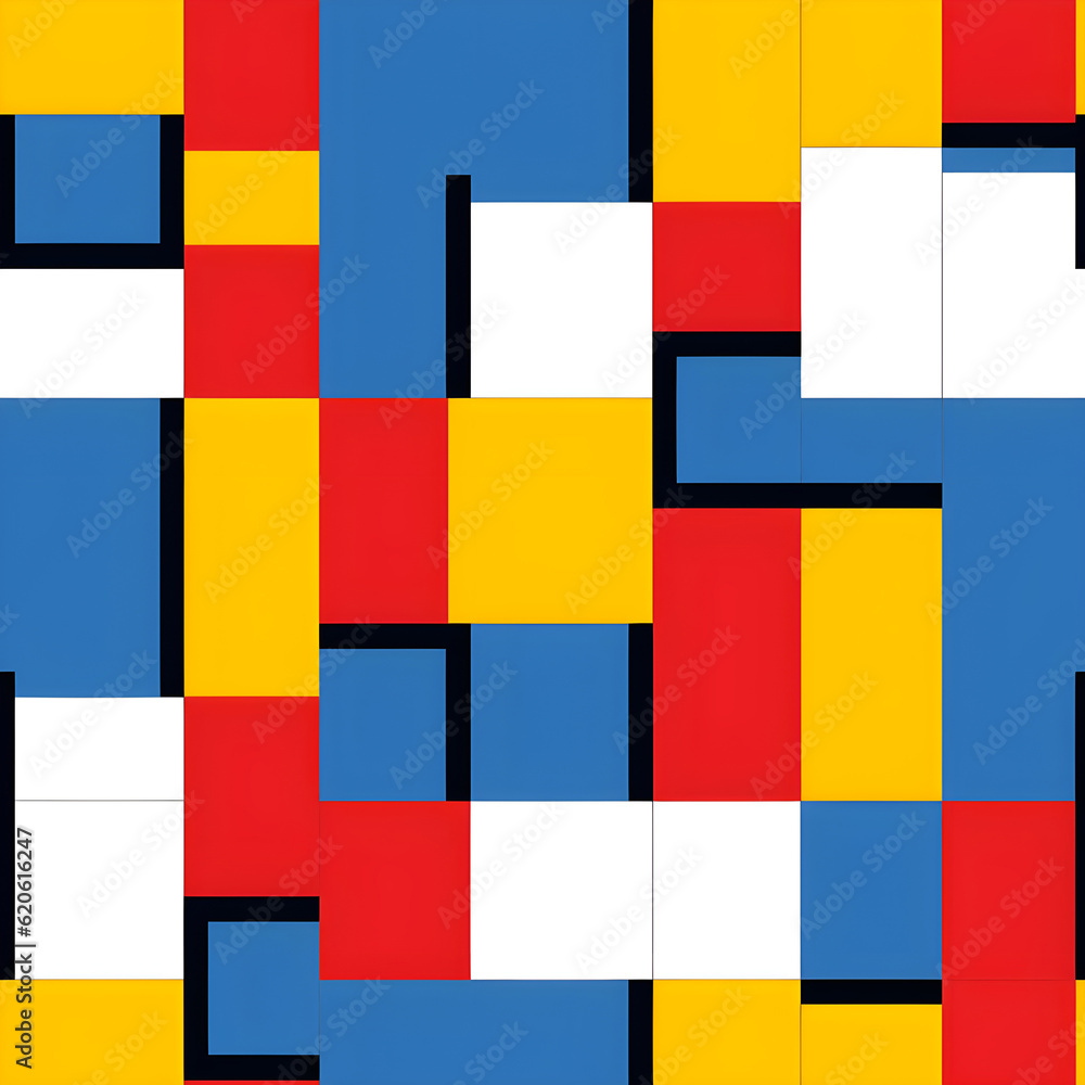 A pattern featuring geometric blocks of primary colors (red, yellow, and blue) arranged in a repetitive and symmetrical layout, reflecting the iconic color palette of Bauhaus design. Generative AI
