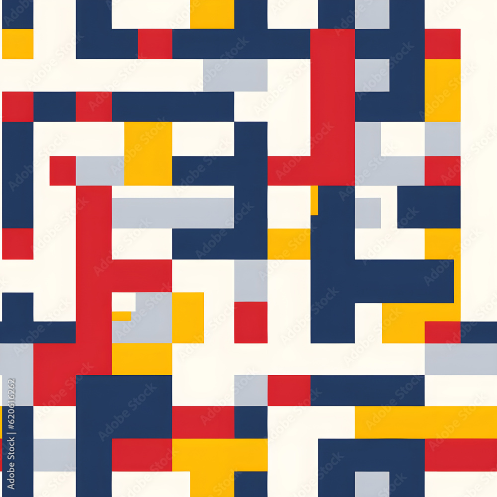A pattern featuring geometric blocks of primary colors (red, yellow, and blue) arranged in a repetitive and symmetrical layout, reflecting the iconic color palette of Bauhaus design. Generative AI A pattern featuring geometric blocks of primary colors (red, yellow, and blue) arranged in a repetitive and symmetrical layout, reflecting the iconic color palette of Bauhaus design. Generative AI