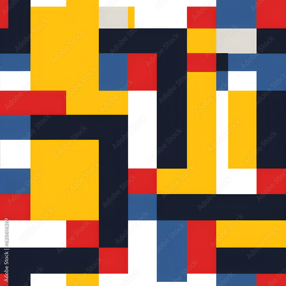 A pattern featuring geometric blocks of primary colors (red, yellow, and blue) arranged in a repetitive and symmetrical layout, reflecting the iconic color palette of Bauhaus design. Generative AI