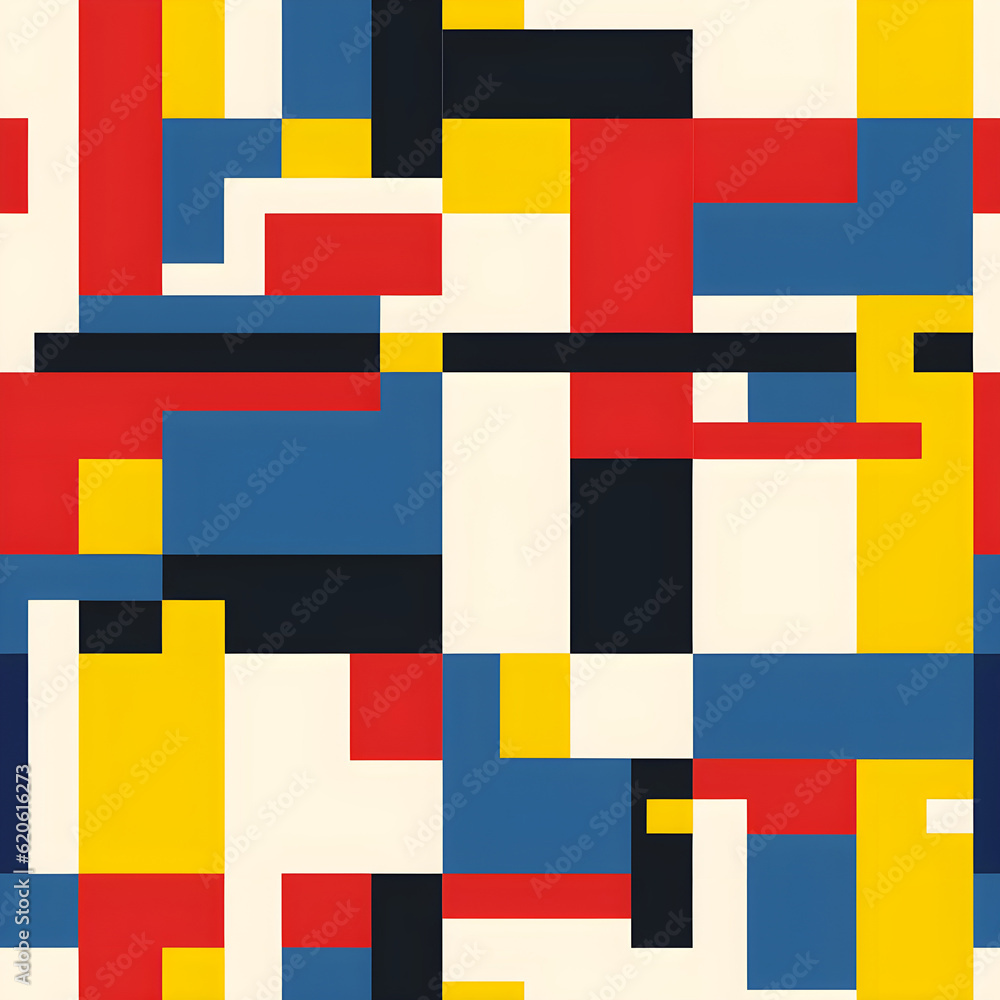 A pattern featuring geometric blocks of primary colors (red, yellow, and blue) arranged in a repetitive and symmetrical layout, reflecting the iconic color palette of Bauhaus design. Generative AI A pattern featuring geometric blocks of primary colors (red, yellow, and blue) arranged in a repetitive and symmetrical layout, reflecting the iconic color palette of Bauhaus design. Generative AI