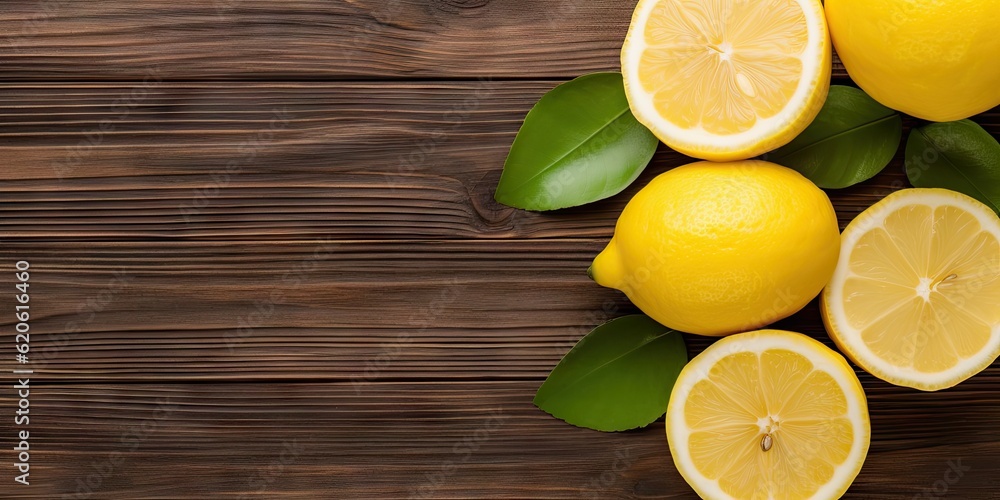 Citrus refreshment. Closeup of top view of fresh fruit and lemon slice on a wooden table with copy space Citrus refreshment. Closeup of top view of fresh fruit and lemon slice on a wooden table with copy space