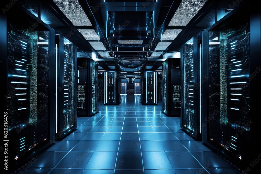 Illustration of a long hallway filled with rows of servers, created using generative AI Illustration of a long hallway filled with rows of servers, created using generative AI