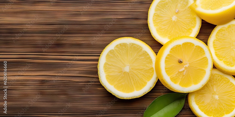 Citrus refreshment. Closeup of top view of fresh fruit and lemon slice on a wooden table with copy space Citrus refreshment. Closeup of top view of fresh fruit and lemon slice on a wooden table with copy space