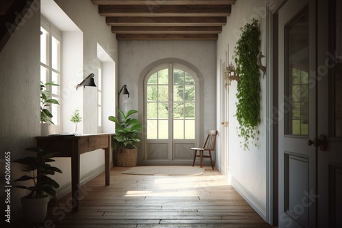 3D rendered Scandinavian farmhouse hallway featuring a wall mockup. Generative AI © Aeris